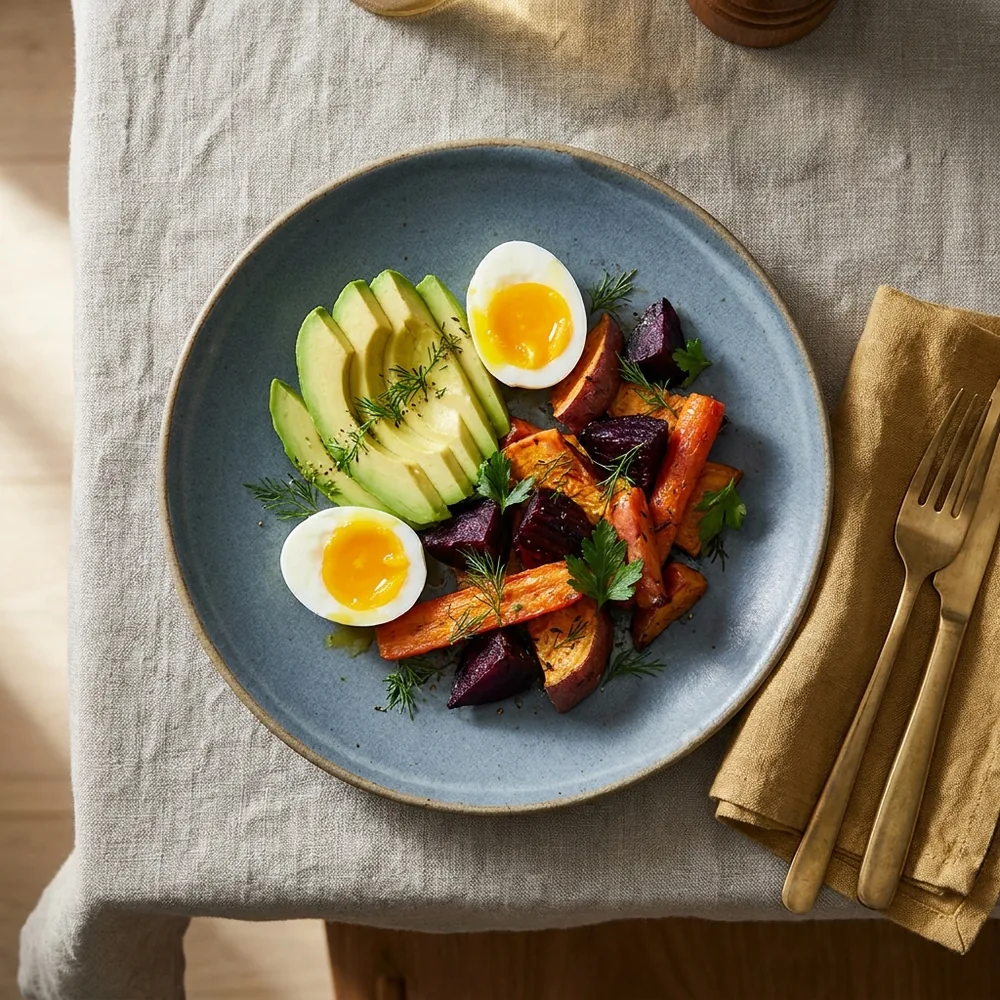 Prato de comida natural com abacate, ovo e raízes